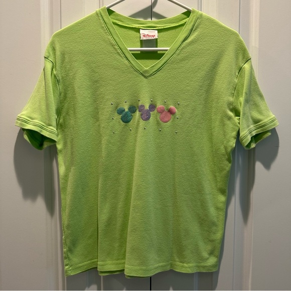 Disney Store Vtg 90s Lime Green Tee w/ Sparkle Mickey Shape Design XL - Picture 1 of 15